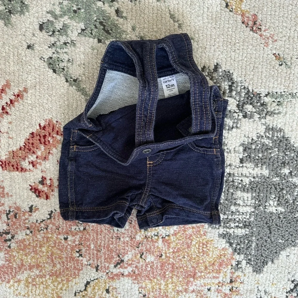 New Carter’s Baby Boy Dark Faux Denim 12 Month Overalls Shortalls One Piece